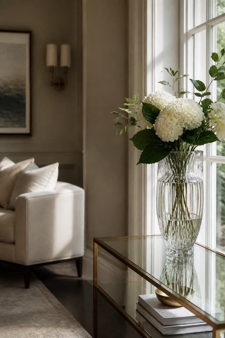 Vase en cristal placé sur une console près d’une fenêtre dans un salon