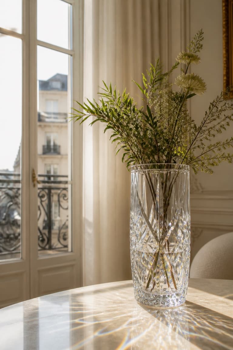 Vase en cristal taillé observé à la lumière près d’une fenêtre