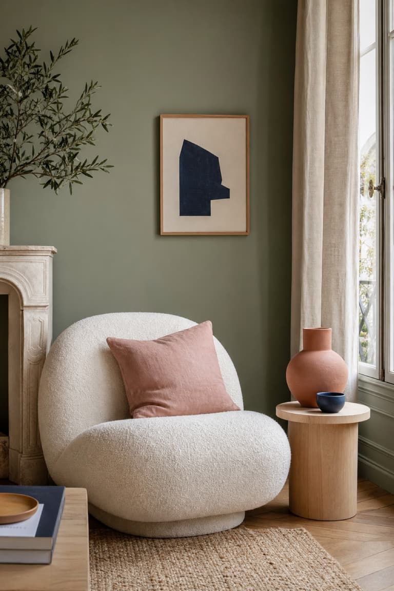 Fauteuil écru dans un salon avec mur vert anis, coussin rose poudré, vase terracotta et touche de bleu profond