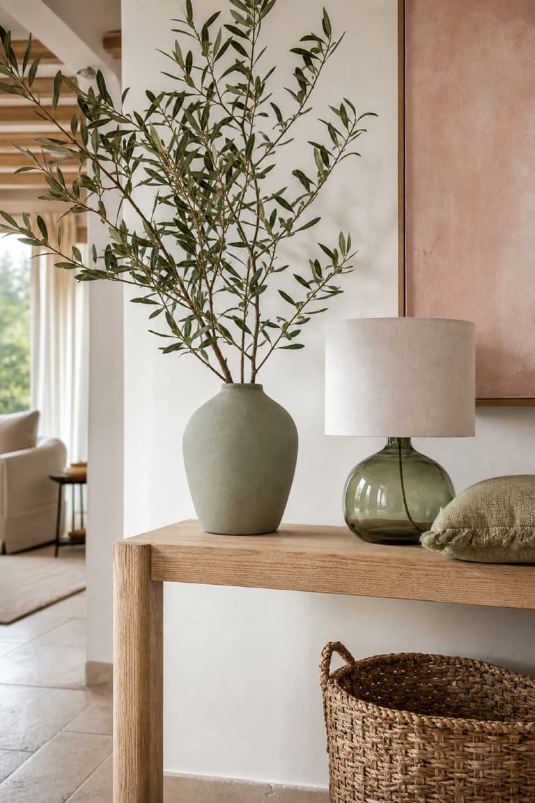 Console en bois clair décorée d’un vase mat, d’une lampe en verre vert anis, d’un coussin en lin et d’une branche feuillue