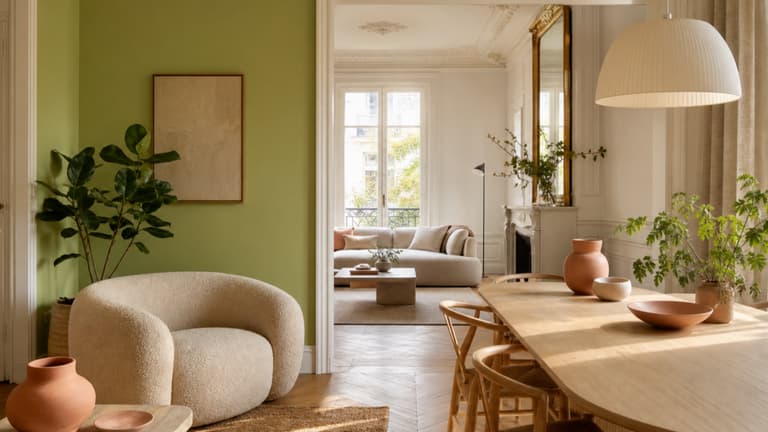 Salon avec un mur vert anis, un fauteuil écru, une table en bois clair et des accessoires terracotta