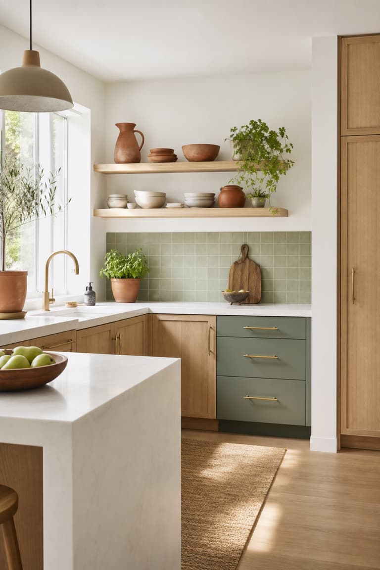 Cuisine lumineuse avec meubles en bois clair, tiroirs vert anis, crédence assortie, poteries terracotta et détails en laiton