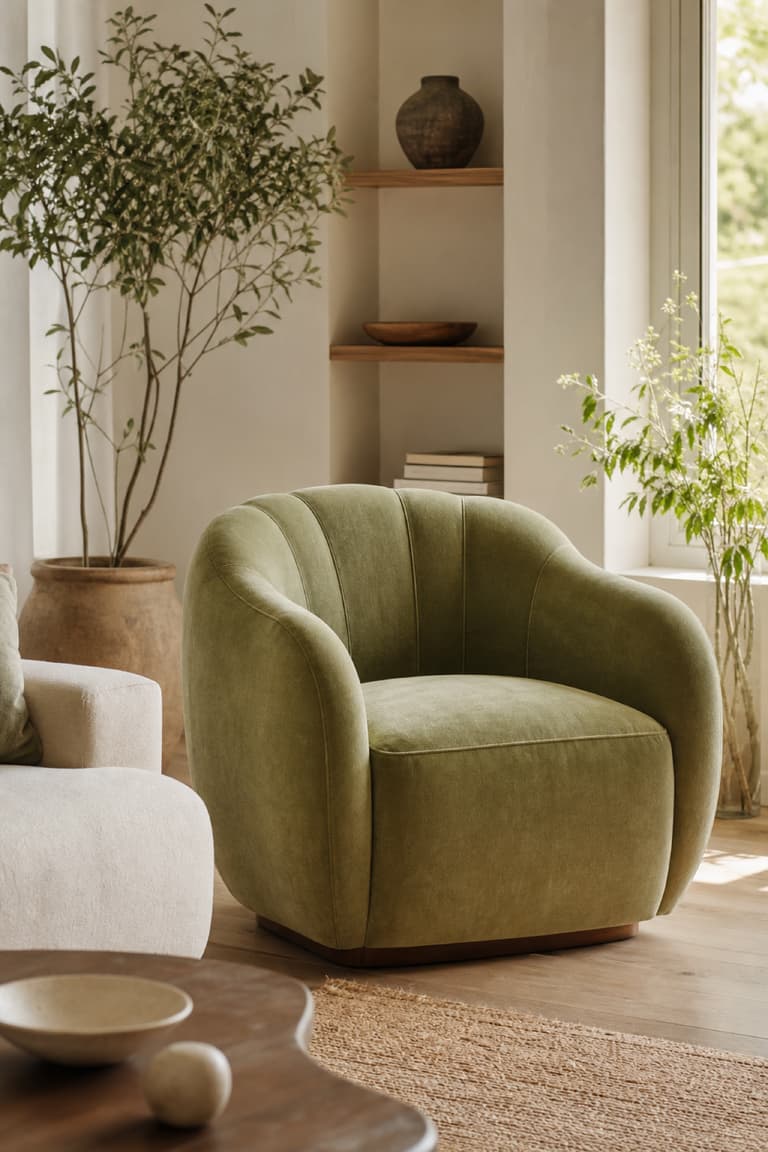 Fauteuil vert anis en velours dans un salon lumineux avec parquet en bois clair, tapis naturel et plantes