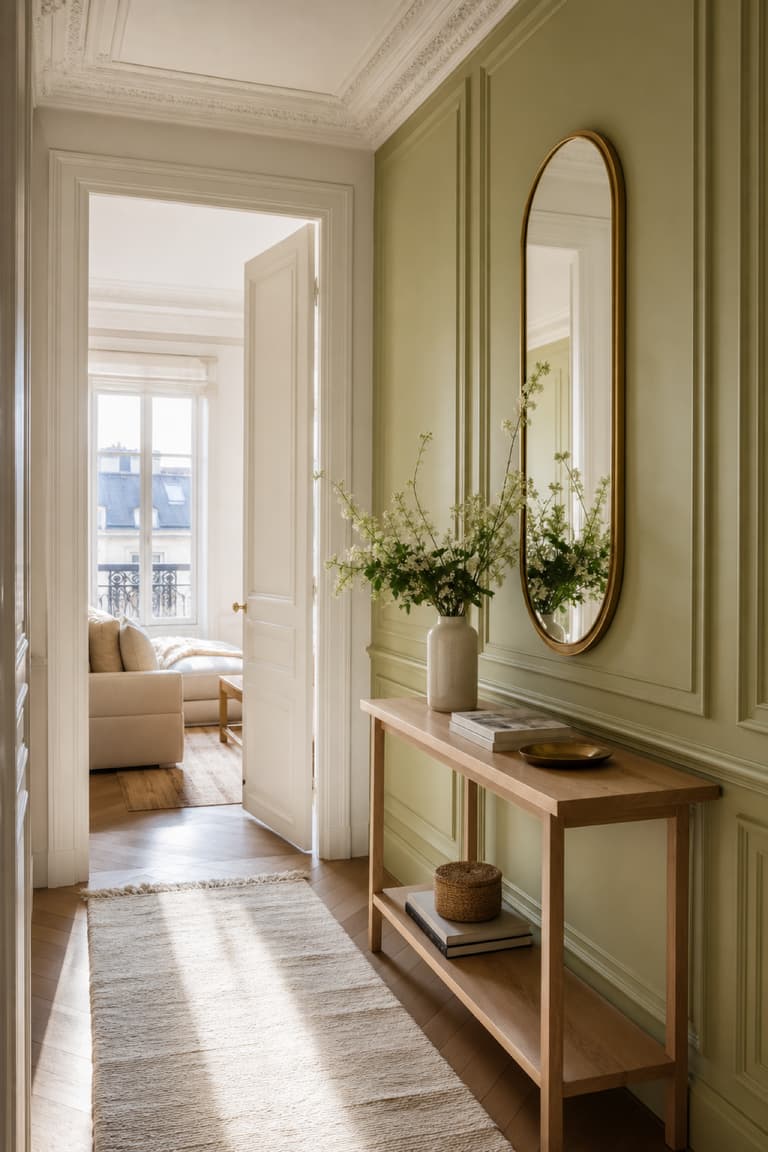 Entrée lumineuse avec un mur vert anis à moulures, une console en bois clair et un miroir doré