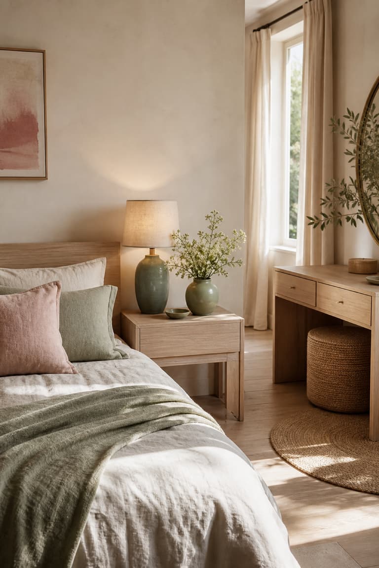 Chambre lumineuse avec linge de lit, vases et accessoires dans des nuances douces de vert anis et de rose poudré