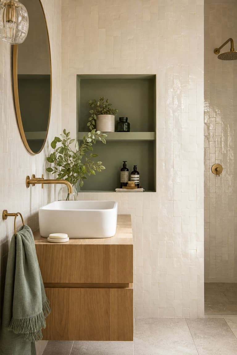 Salle de bains lumineuse avec carrelage blanc, niche peinte en vert anis, meuble vasque en bois clair et robinetterie dorée