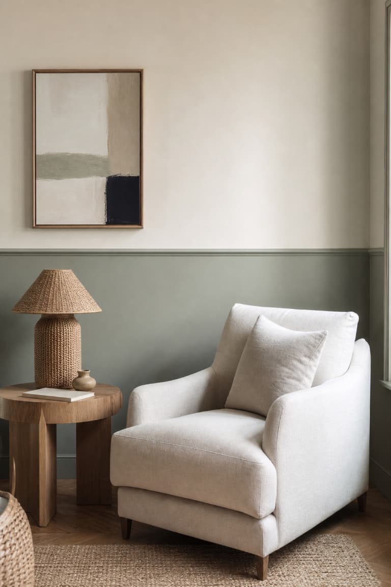 Salon lumineux avec un soubassement vert anis, un fauteuil en lin écru, une table en bois et une lampe en fibres naturelles