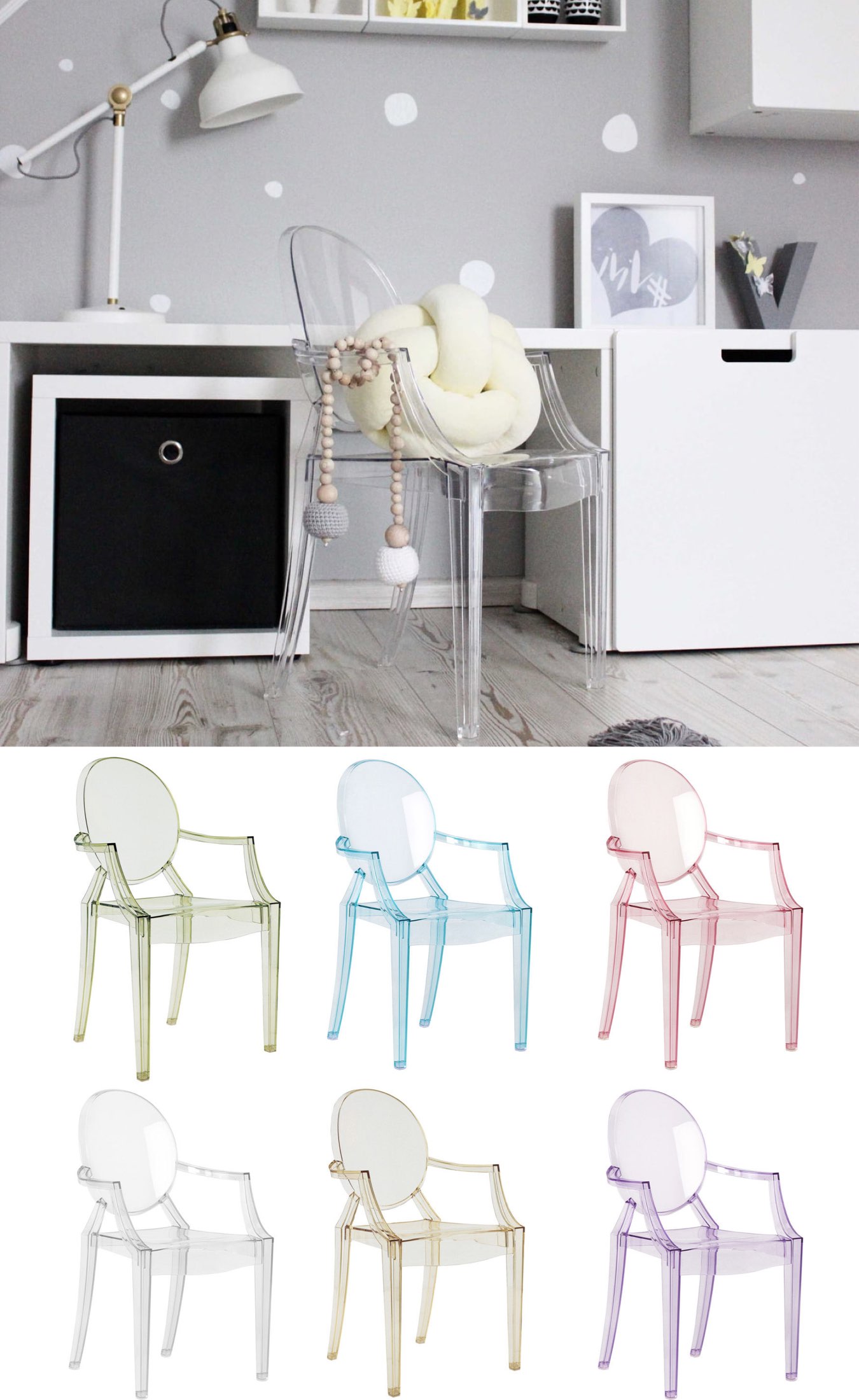 chaise bureau enfant design transparente de couleur