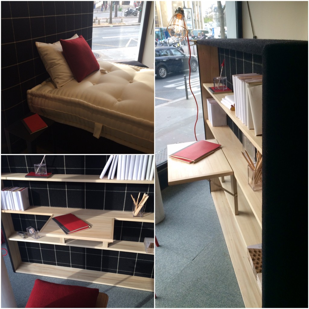 Lit studio avec bibliothéque et bureau au verso de la tête de lit