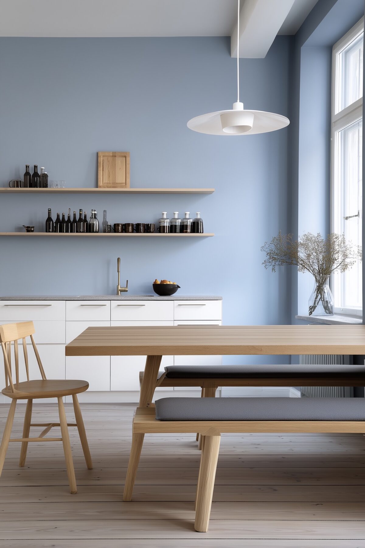 cuisine scandinave avec peinture mate bleu clair