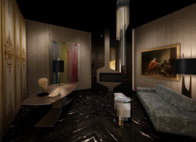 Le cabinet d'esthète de Thierry Lemaire. Un pointu mélange des genres, cheminée en acier et pièces antiques.