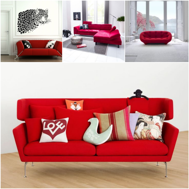 salon canapé rouge mur blanc et noir