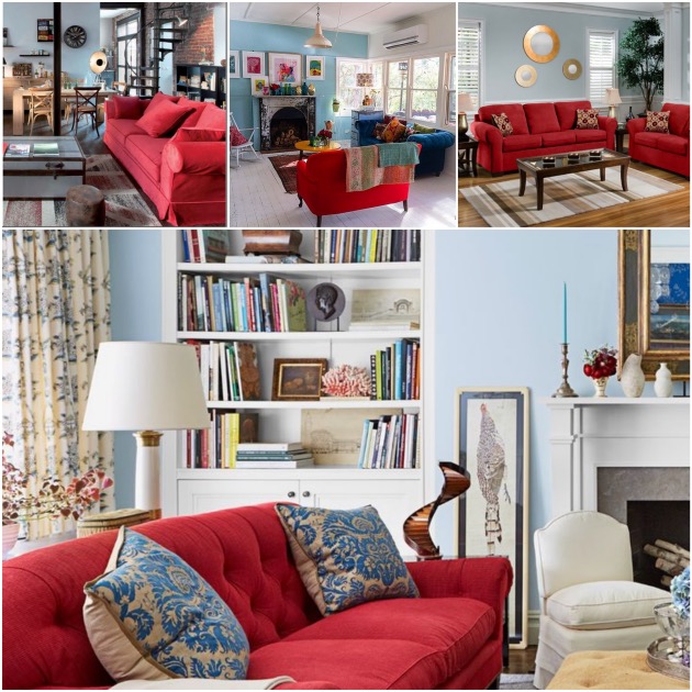 salon canapé rouge mur bleu gris poussérieux