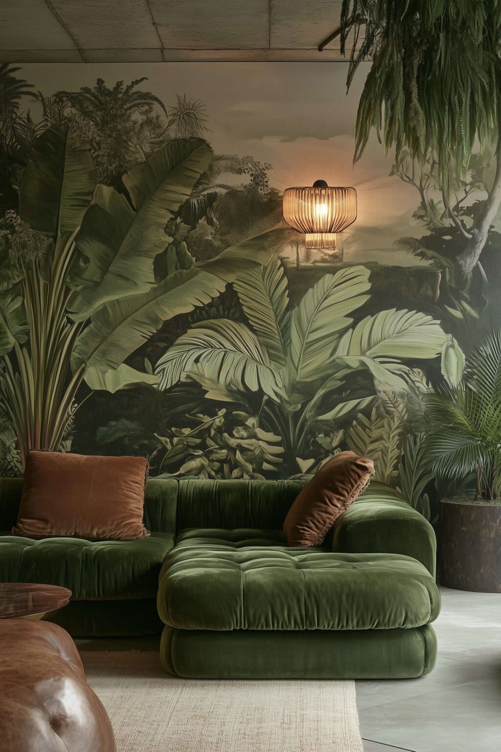 inspiration salon tendance jungle rétro fauteuil velours vert