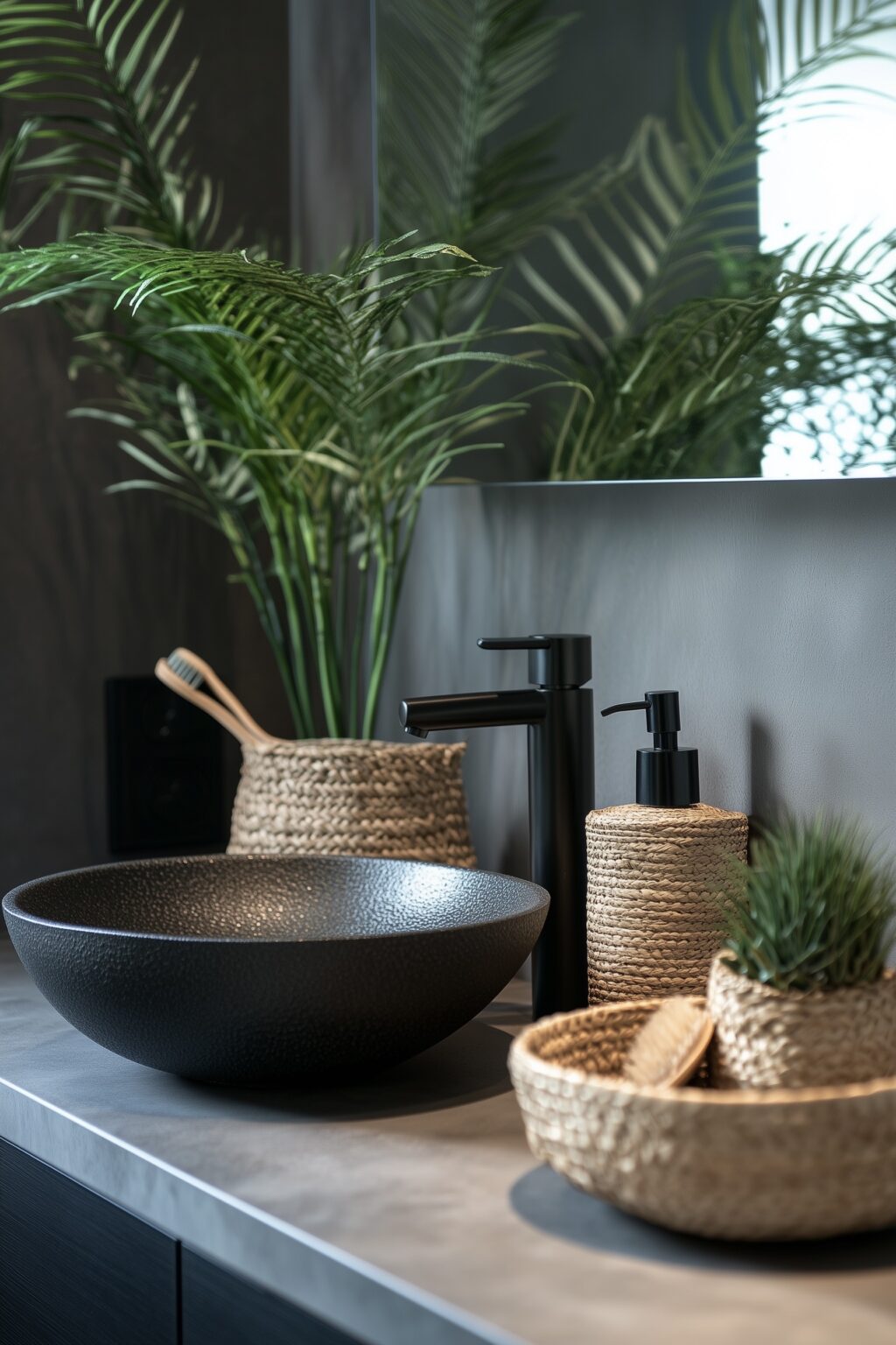 salle de bains grise thème nature