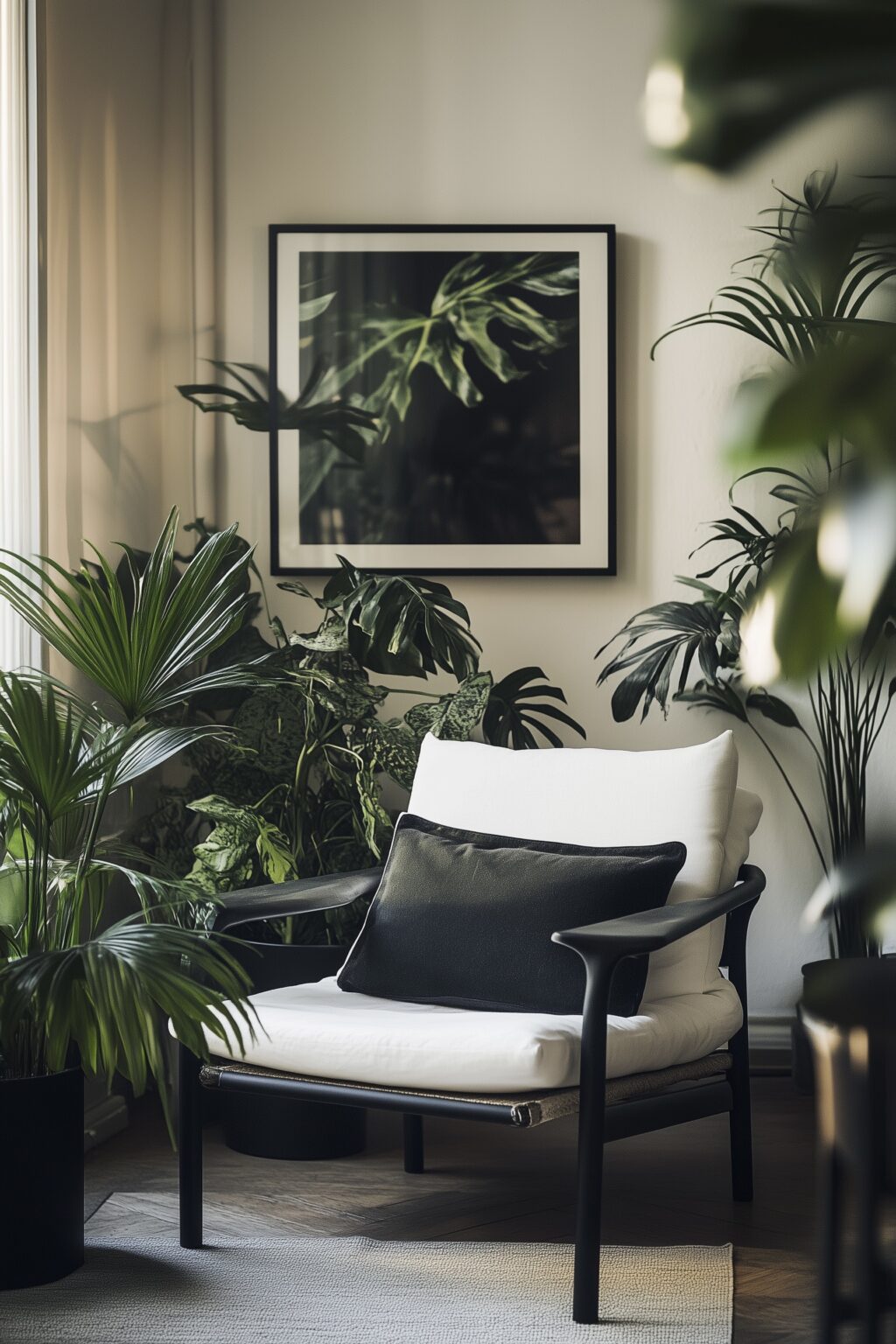 salon coin lecture noir blanc vert style exotique