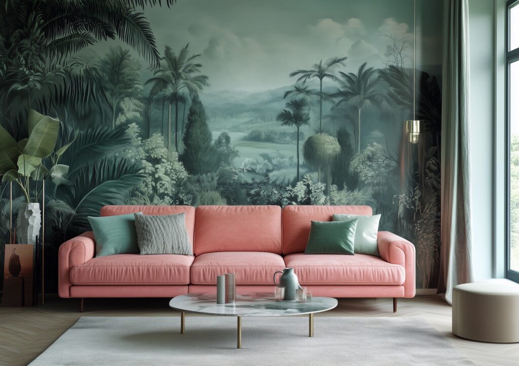 salon papier peint thème jungle canapé rose