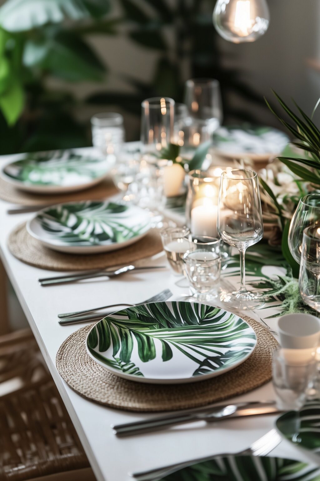 tendance jungle table fête vaisselle verte feuille rotin