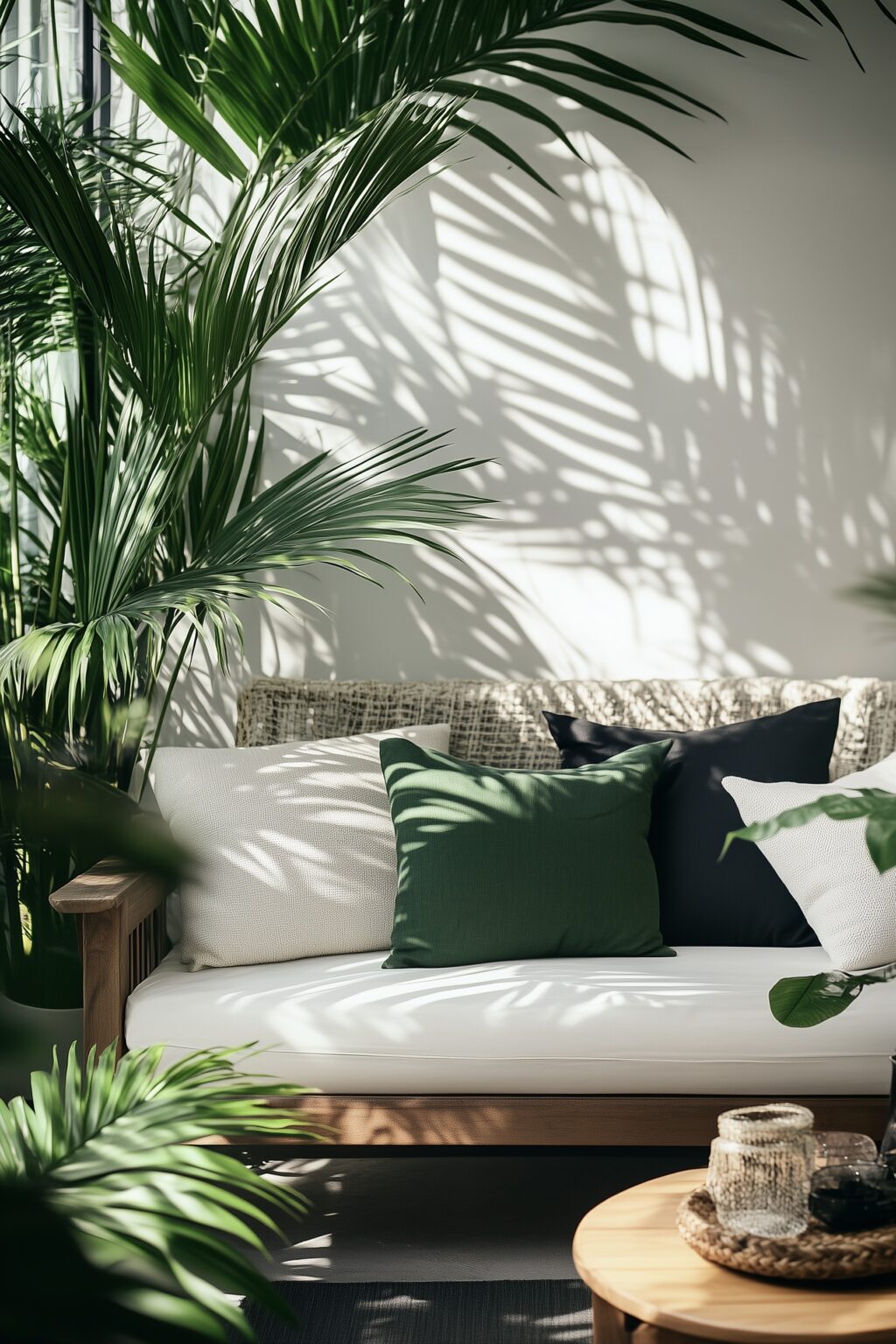 tendance jungle terrasse canapé blanc outdoor coussin vert