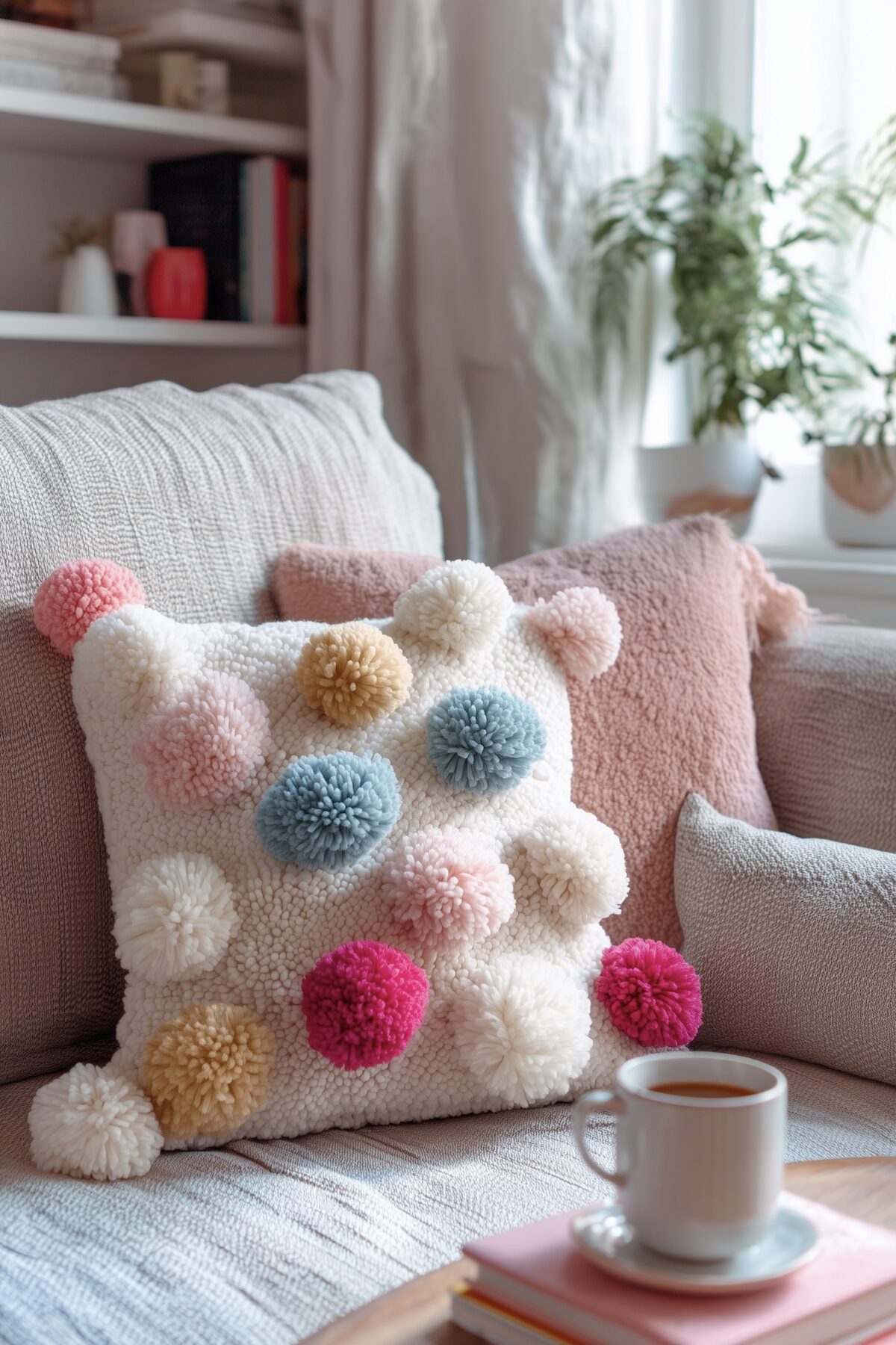 coussin personnalisé avec pompons colorés pop