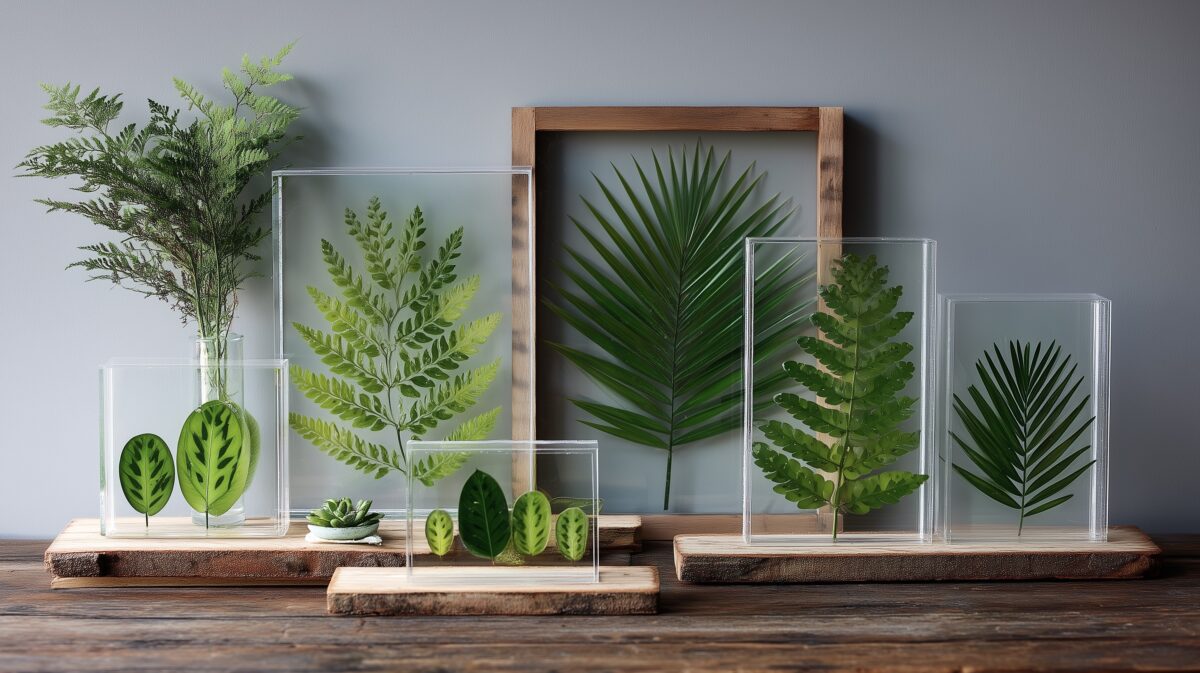 cadres feuilles vertes en verre et bois