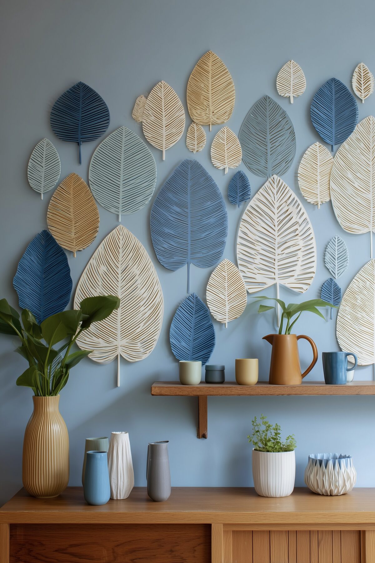 décoration murale feuilles design bleu beige