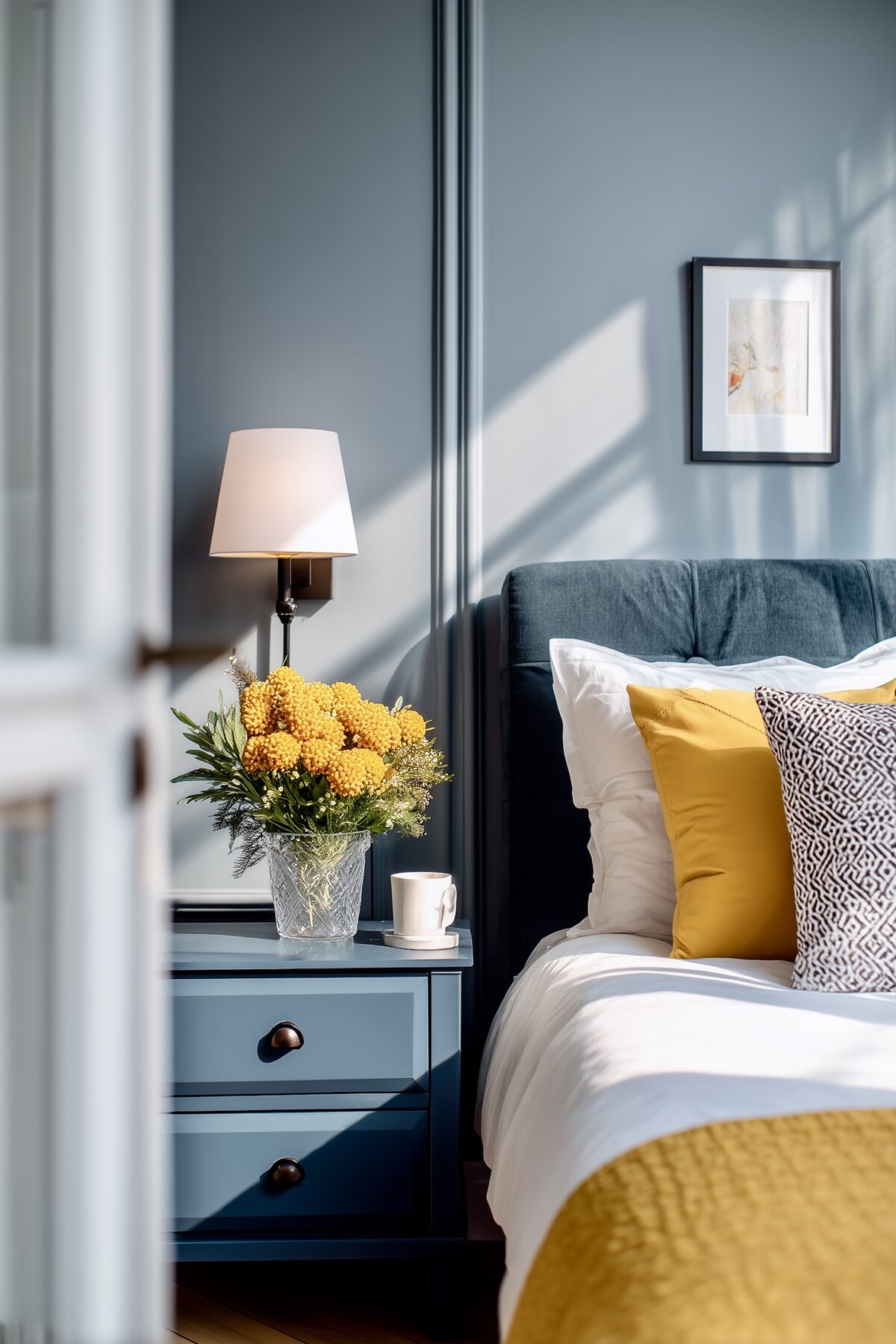 chambre mimosa bleu canard tête lit velours