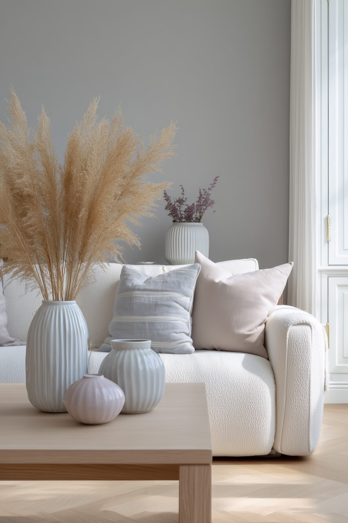 canapé clair vases céramique teintes poudre