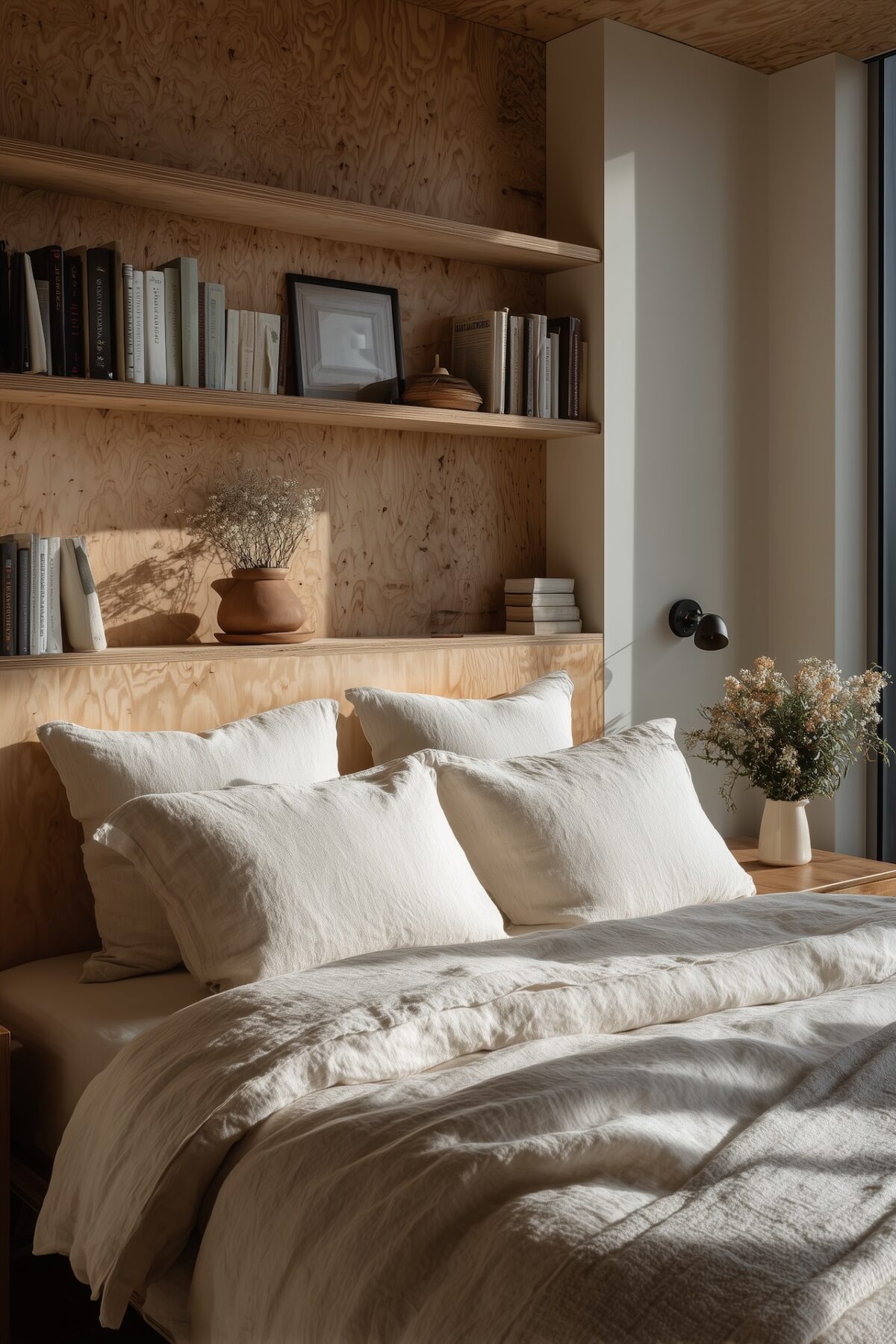 chambre tête de lit contreplaqué étagères intégrées