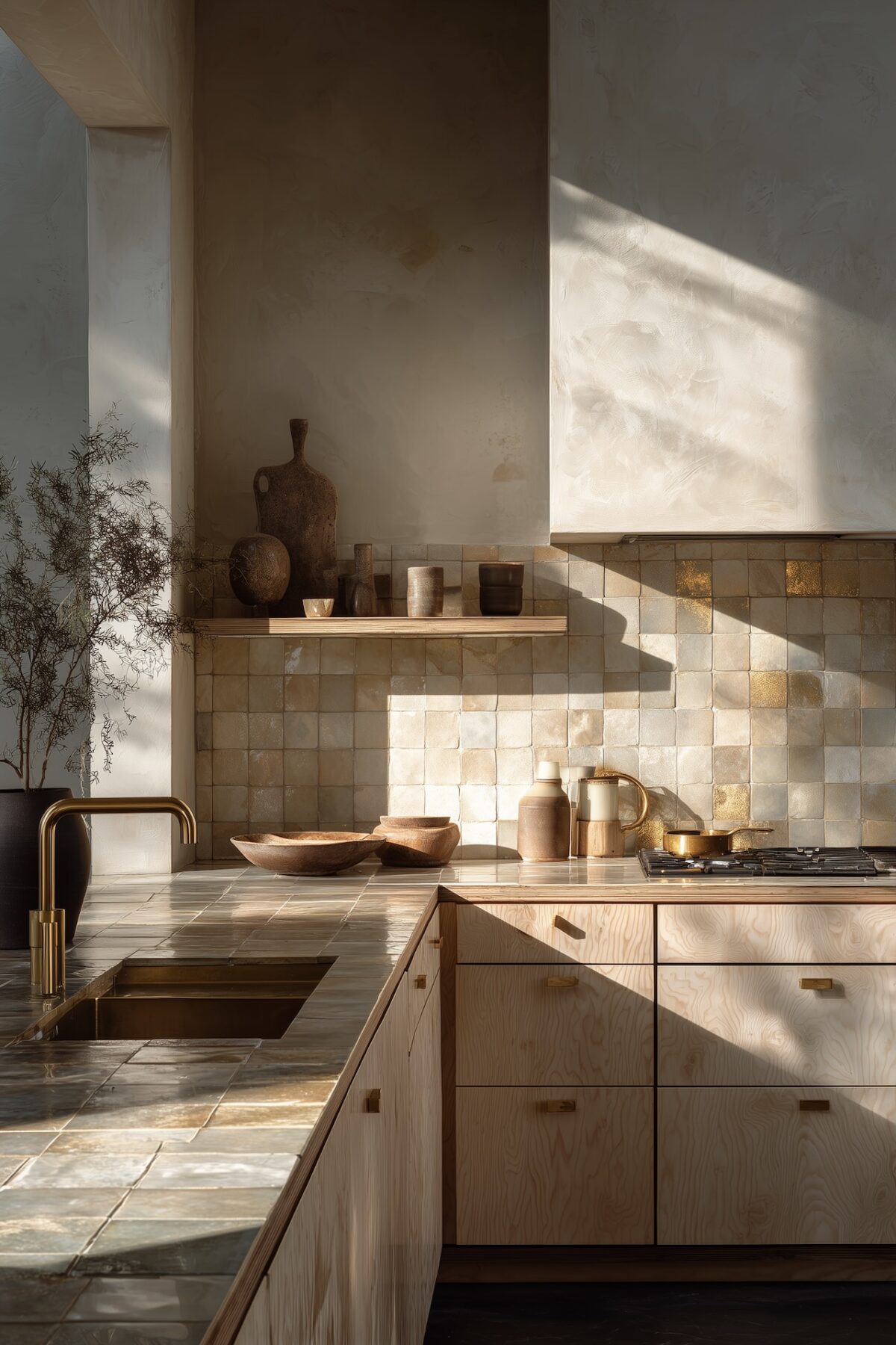 cuisine meubles contreplaqué crédence zellige laiton