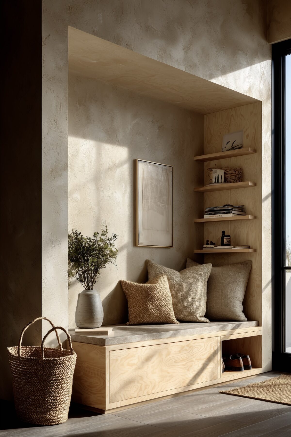 entrée banquette intégrée coffre diy bois