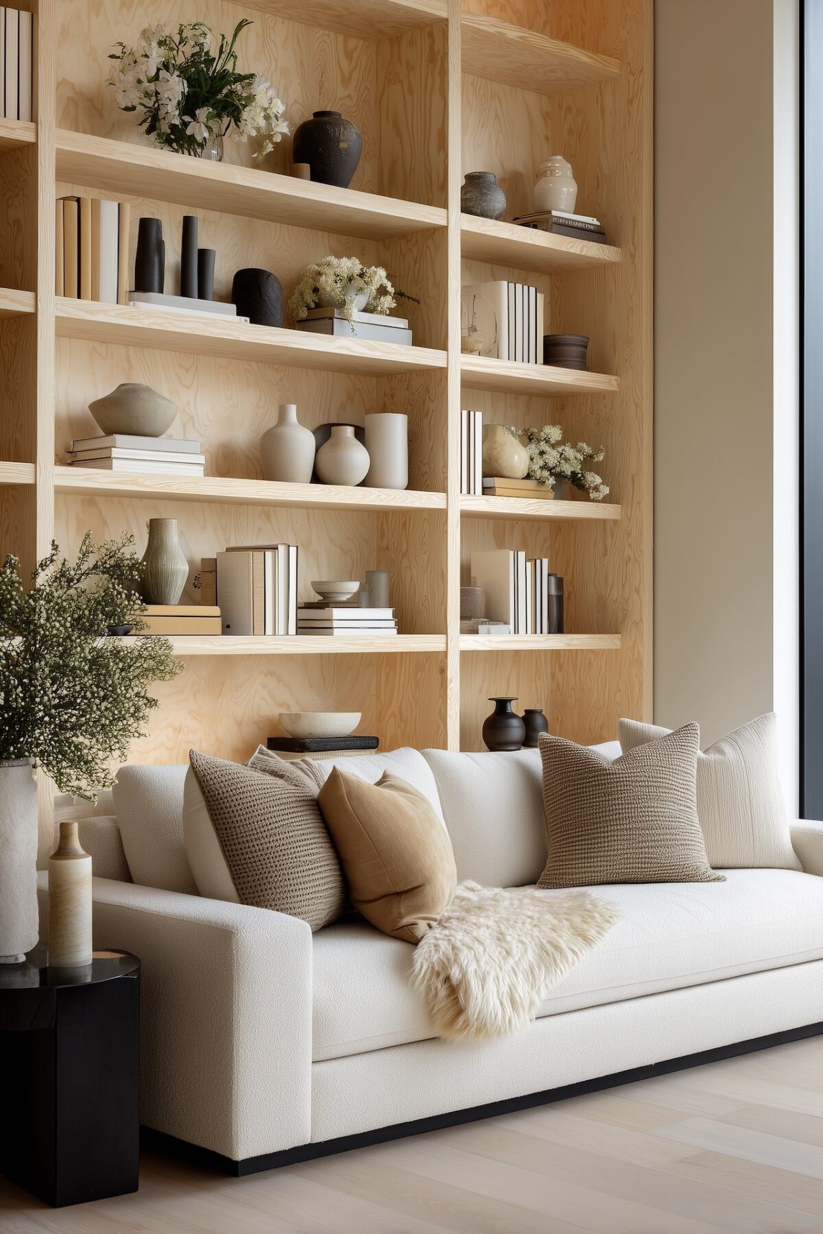 Salon lumineux avec canapé clair et grande bibliothèque murale en contreplaqué, étagères décorées et style minimaliste