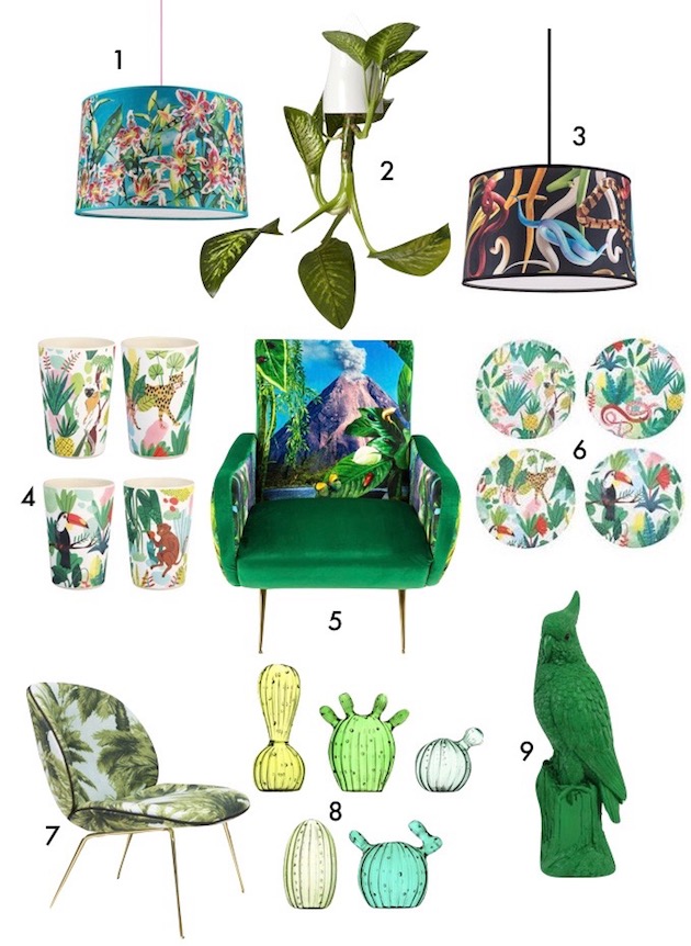tendance tropicale salon motif tissu fauteuil feuille palmier vert