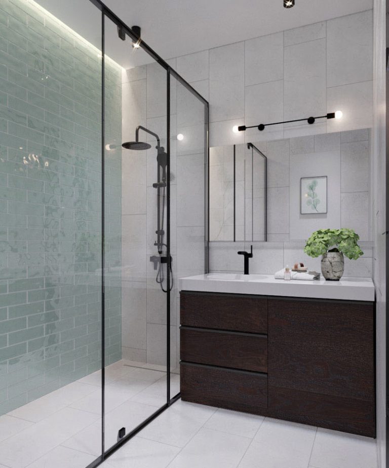 salle de bain loft mur vert d'eau zellige clemaroundthecorner.com