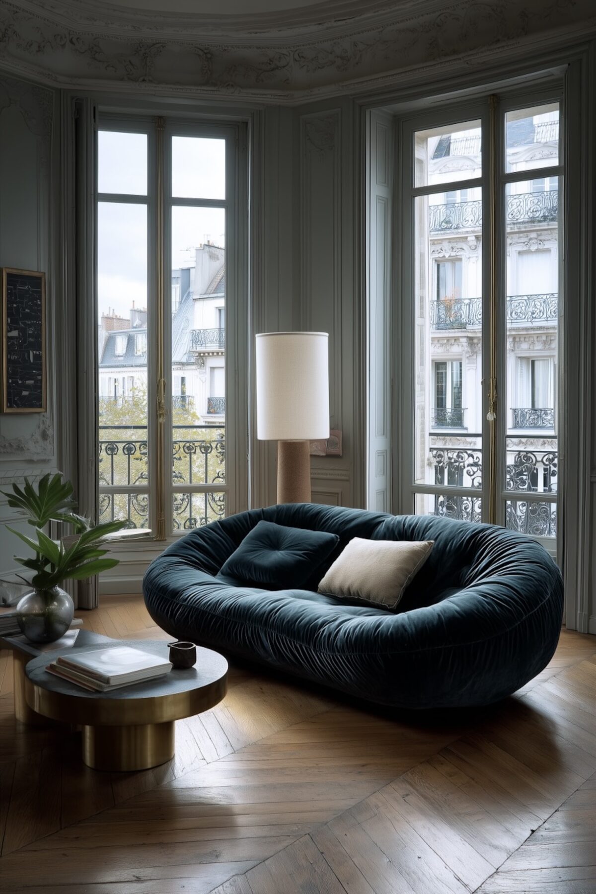 canapé velours bleu canard arrondi design