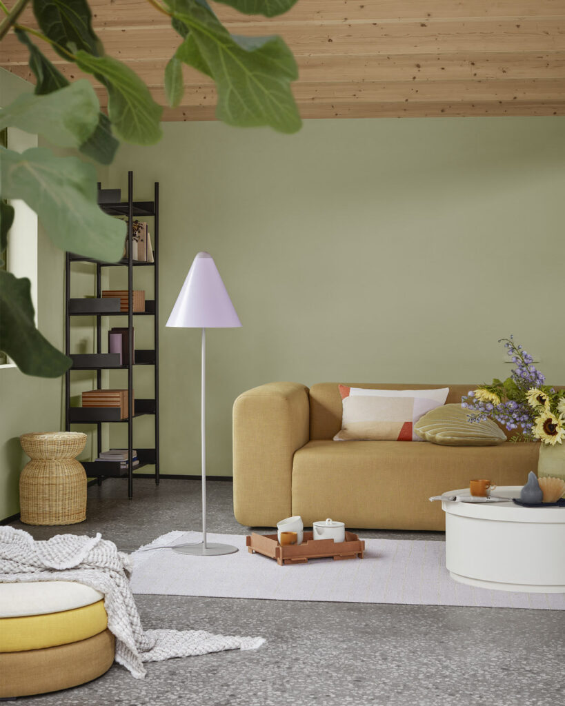 chalet salon multicolore mur vert lampadaire rose