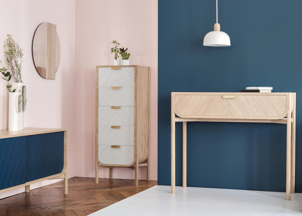 nouveautés Hartô commode console bois chevron type point de hongrie bois