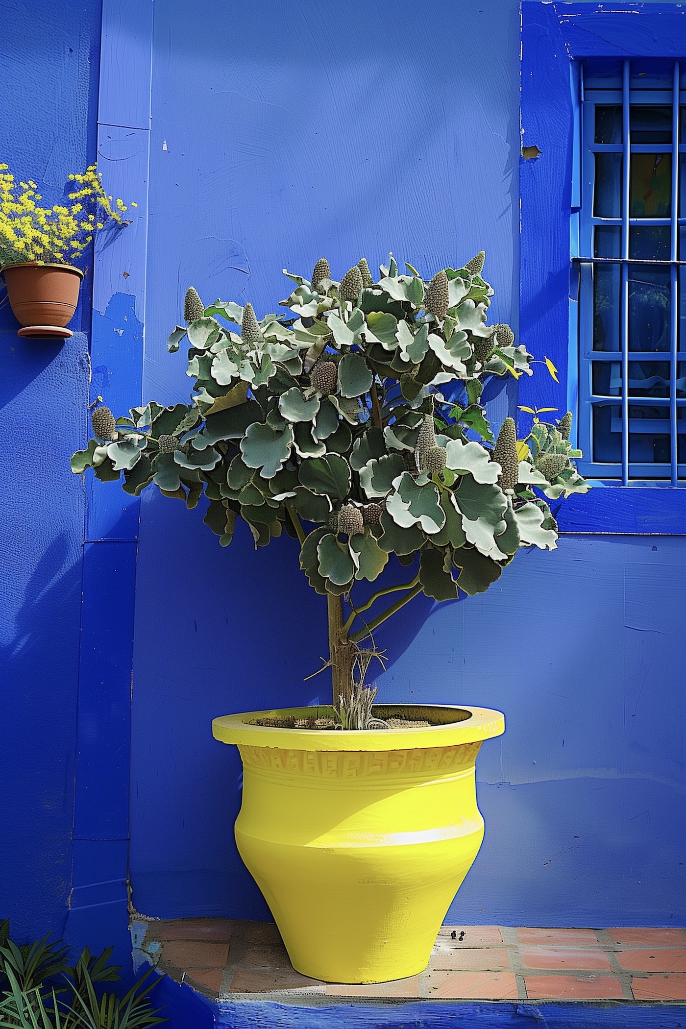 maison façade bleu klein pot jaune terre cuite