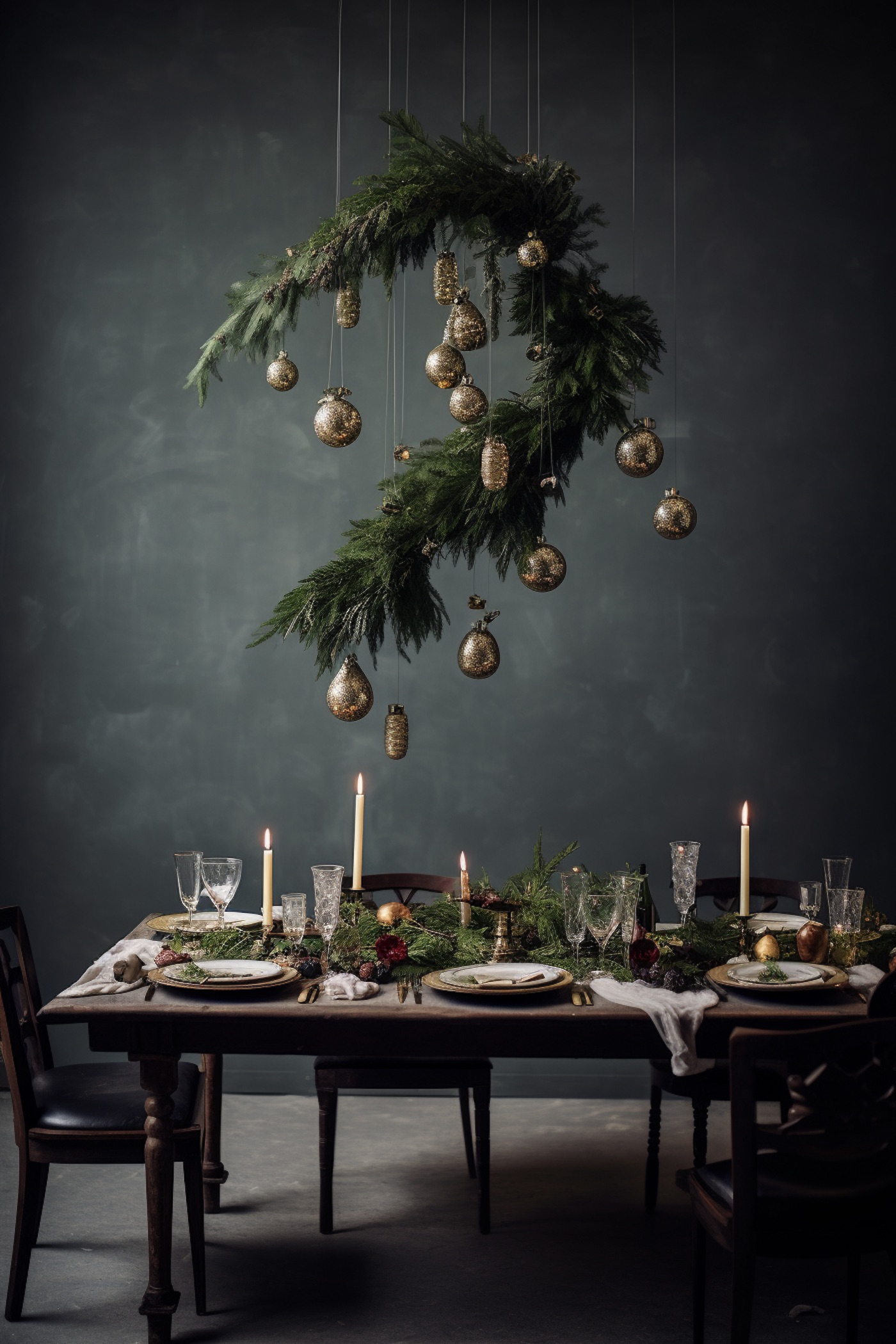 décoration décembre fête table traditionnelle mur vert foncé salle à manger branche sapin suspendu