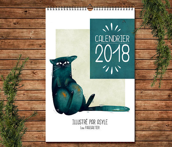 calendrier 2018 original chat bleu illustration 2018 asyle etsy couleurs douces et illustrations rigolotes