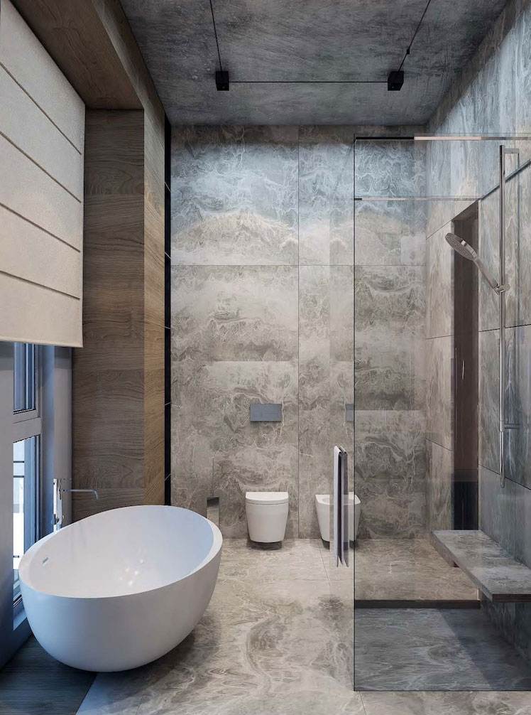petite salle de bain style masculin bois gris crédence imitation béton douche italienne
