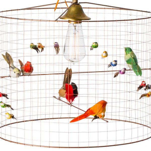 suspension lampe voliere oiseau en cage cuivre perruche