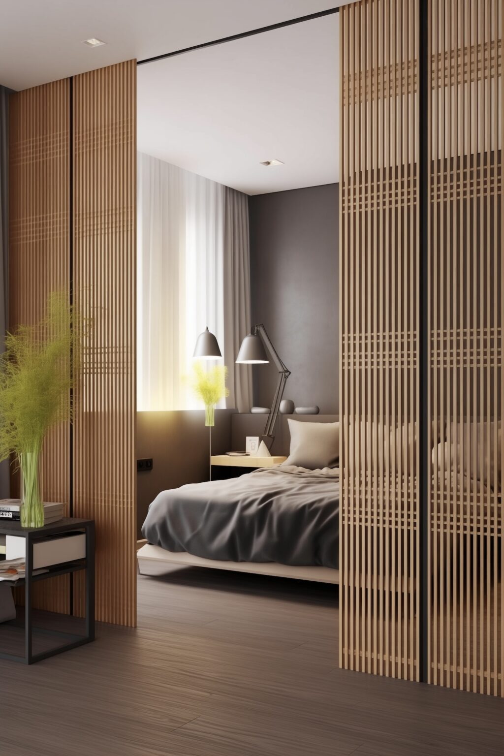 chambre japonisante panneaux tasseaux bois mural