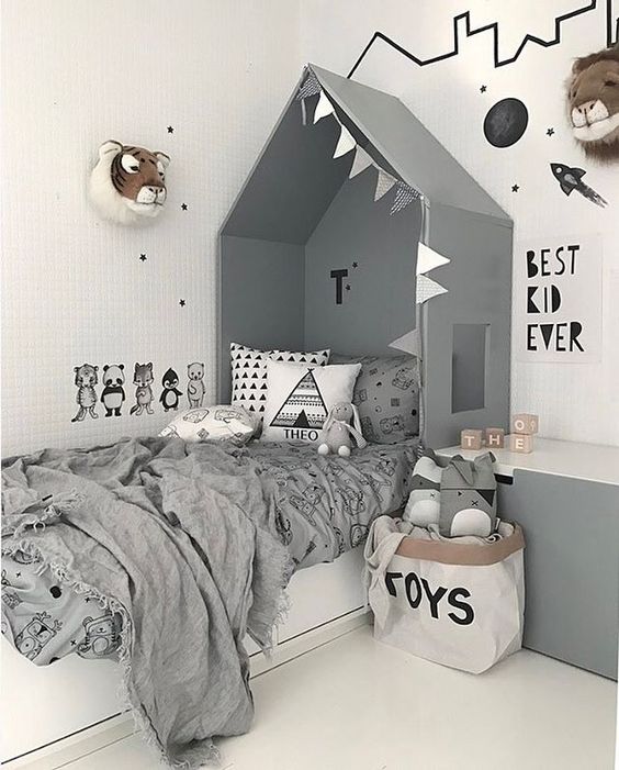 lit cabane interieur chambre enfant grise blanche scandinave - blog déco - Clem Around The Corner