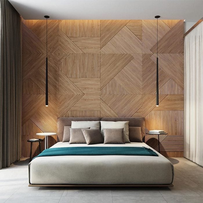 couvrir mur de bois idee panneau decor geometrique tete de lit chambre