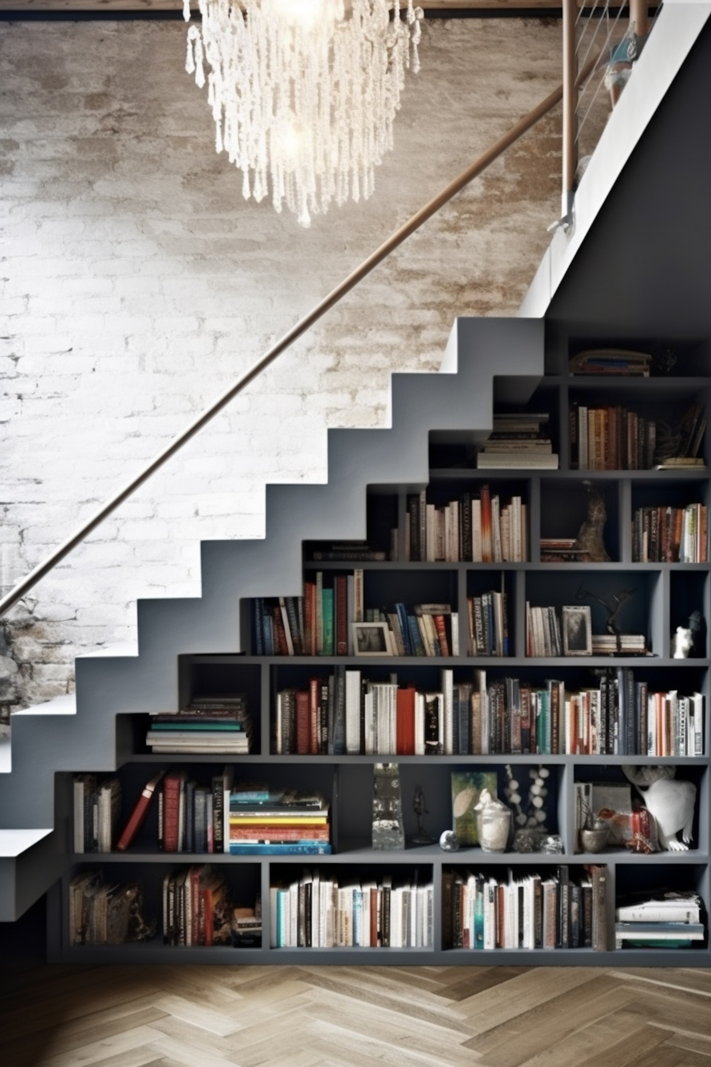 aménagement loft design avec bibliothèque originale bleu gris