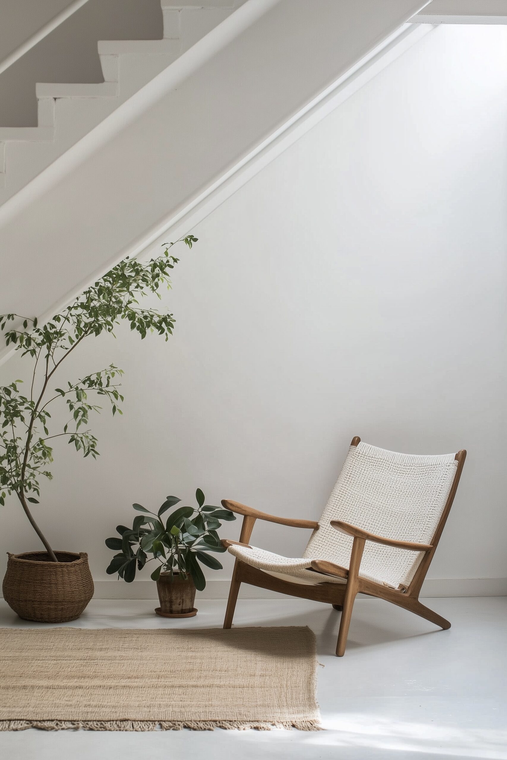 coin détente sous escalier fauteuil danois fourrure