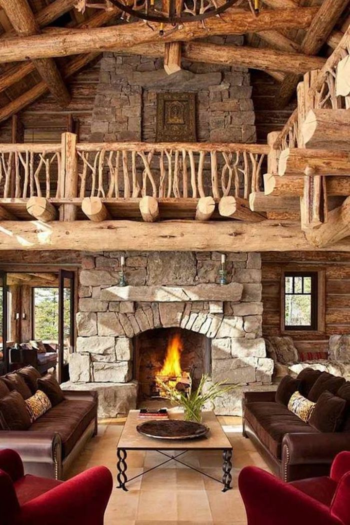 style rustique chalet bois pierres apparentes cheminee