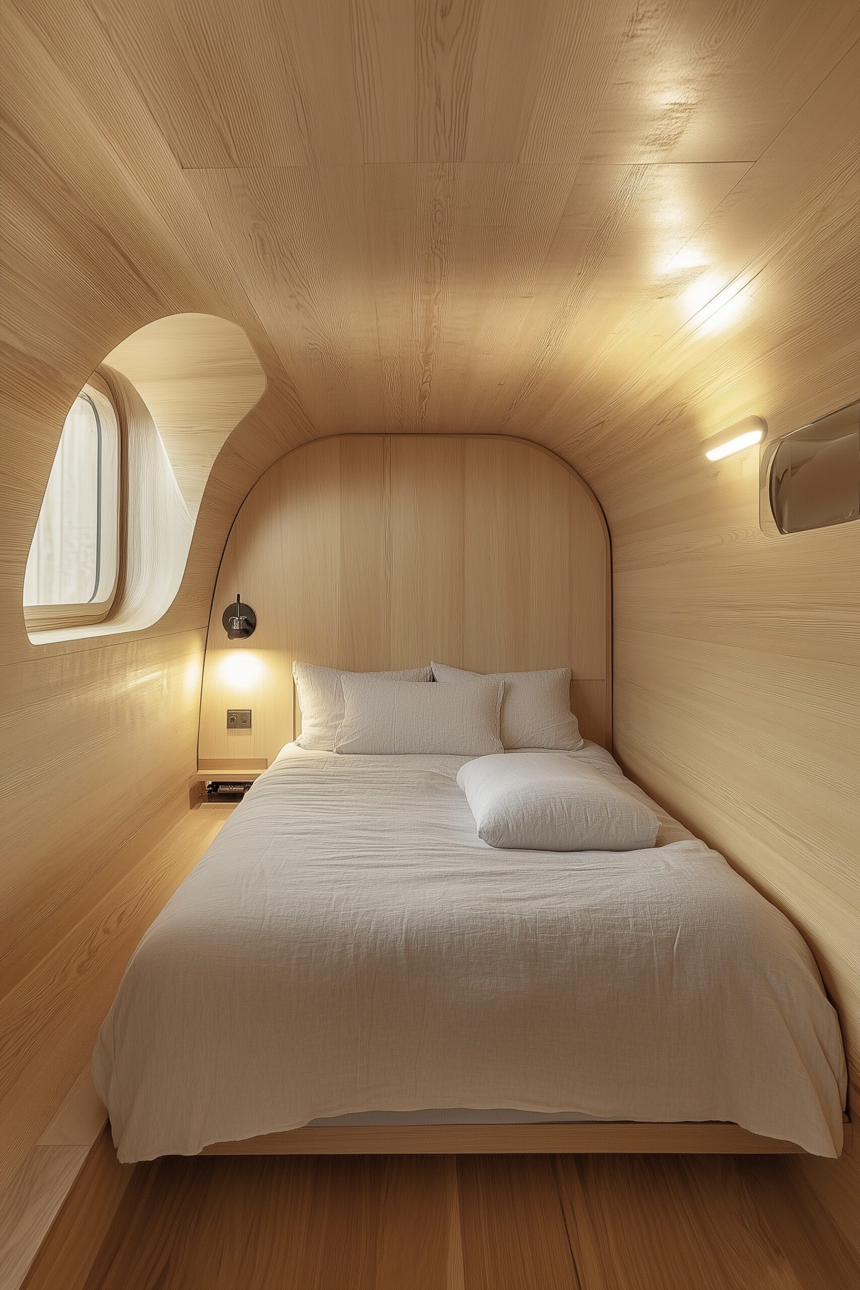 Chambre van intérieur bois avec mur texturé et éclairage intégré, atmosphère cocooning