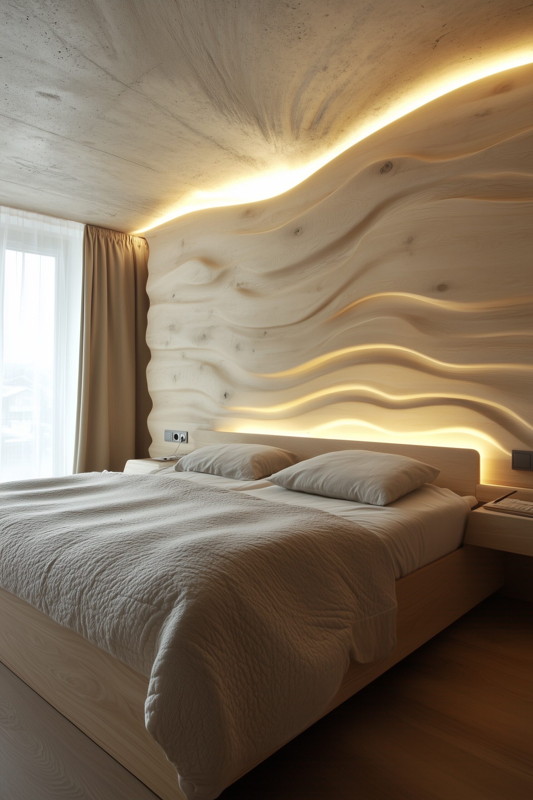 Chambre chaleureuse avec mur en bois naturel et décoration minimaliste, ambiance apaisante